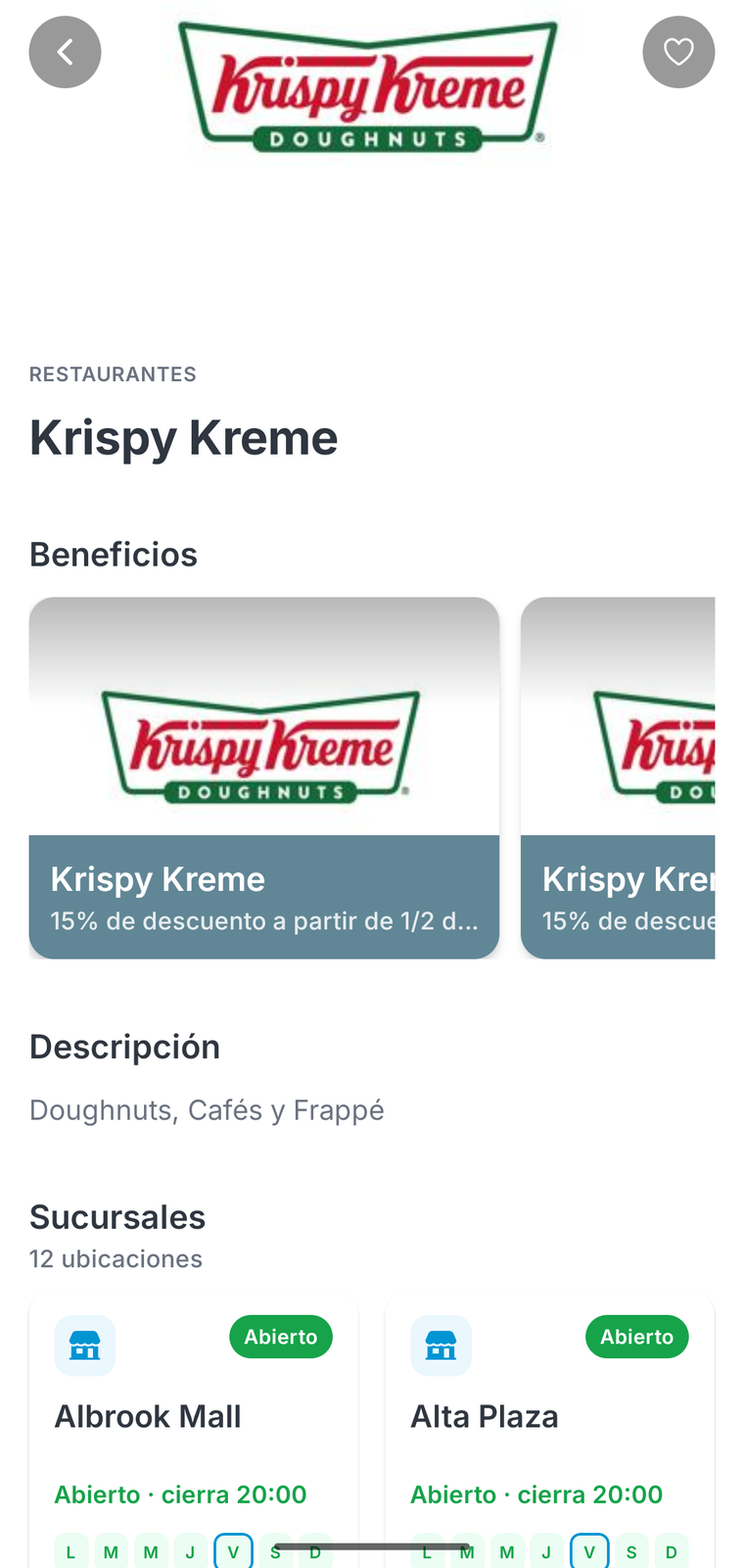 Pantalla de un comercio en la app BeneficiaT: beneficios, descripción y sucursales